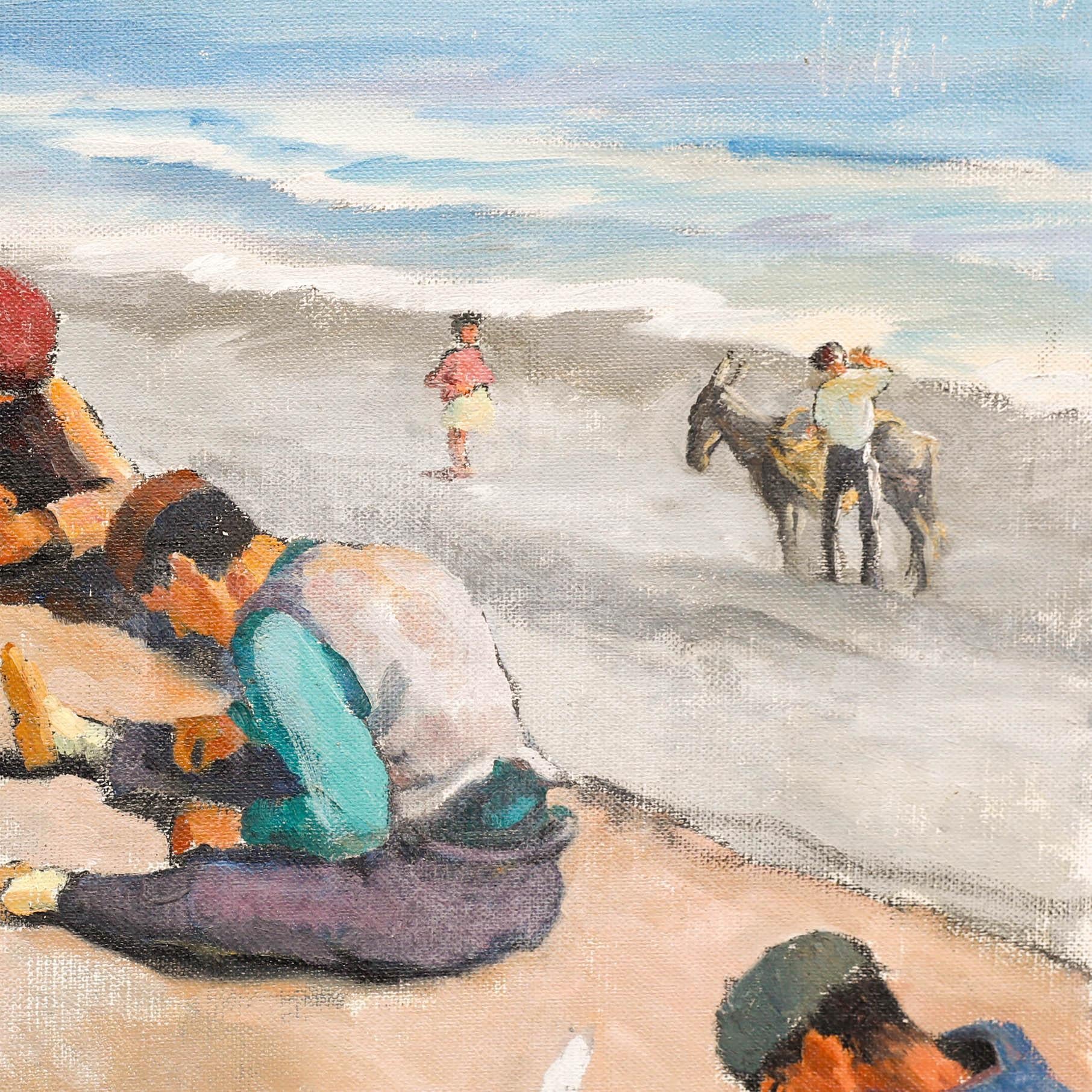 This vibrant oil painting by Beryl Newman (1906-1991) captures a lively beach scene with several Spanish fishermen mending nets on the sands of the Costa Del Sol. Signed and titled verso. On canvas.
