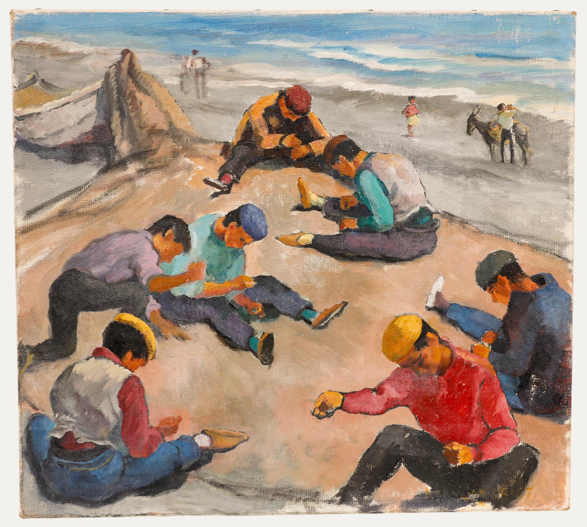Unknown Figurative Painting - Beryl Newman (1906-1991) - 20th Century Oil, Mending the Nets - Costa Del Sol