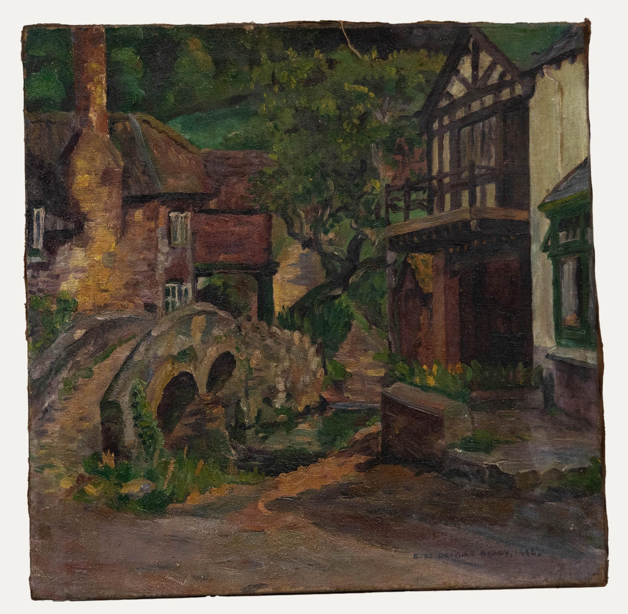 Bess Defries-Brady - Olio della metà del XX secolo, Abitazioni vicino a un ponte di pietra - Painting di Unknown