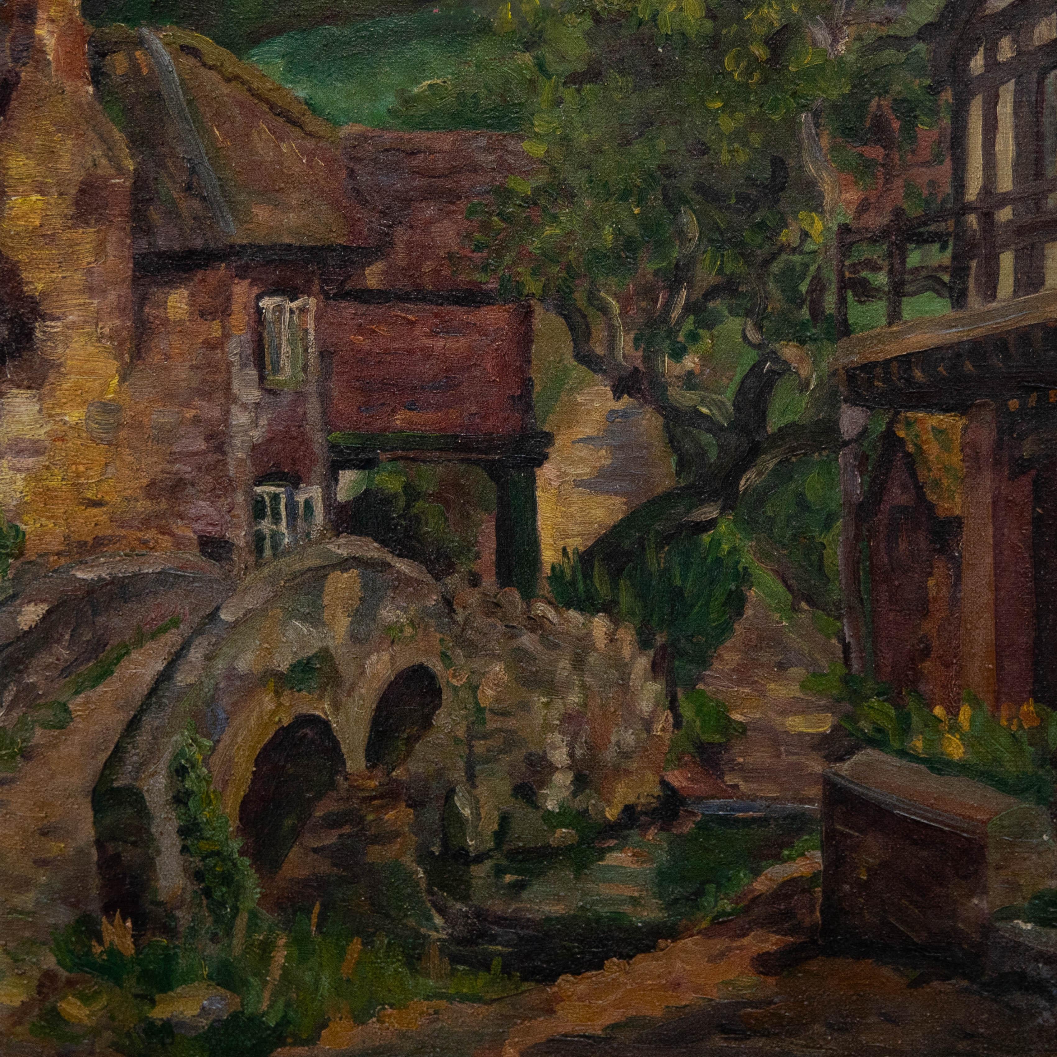 Un paesaggio affascinante dell'artista Bess Defries-Brady. Cottage con tetto di paglia e legno vicino a un ponte di pietra. Indistintamente firmato e datato in basso a destra. Su tela su barelle.
