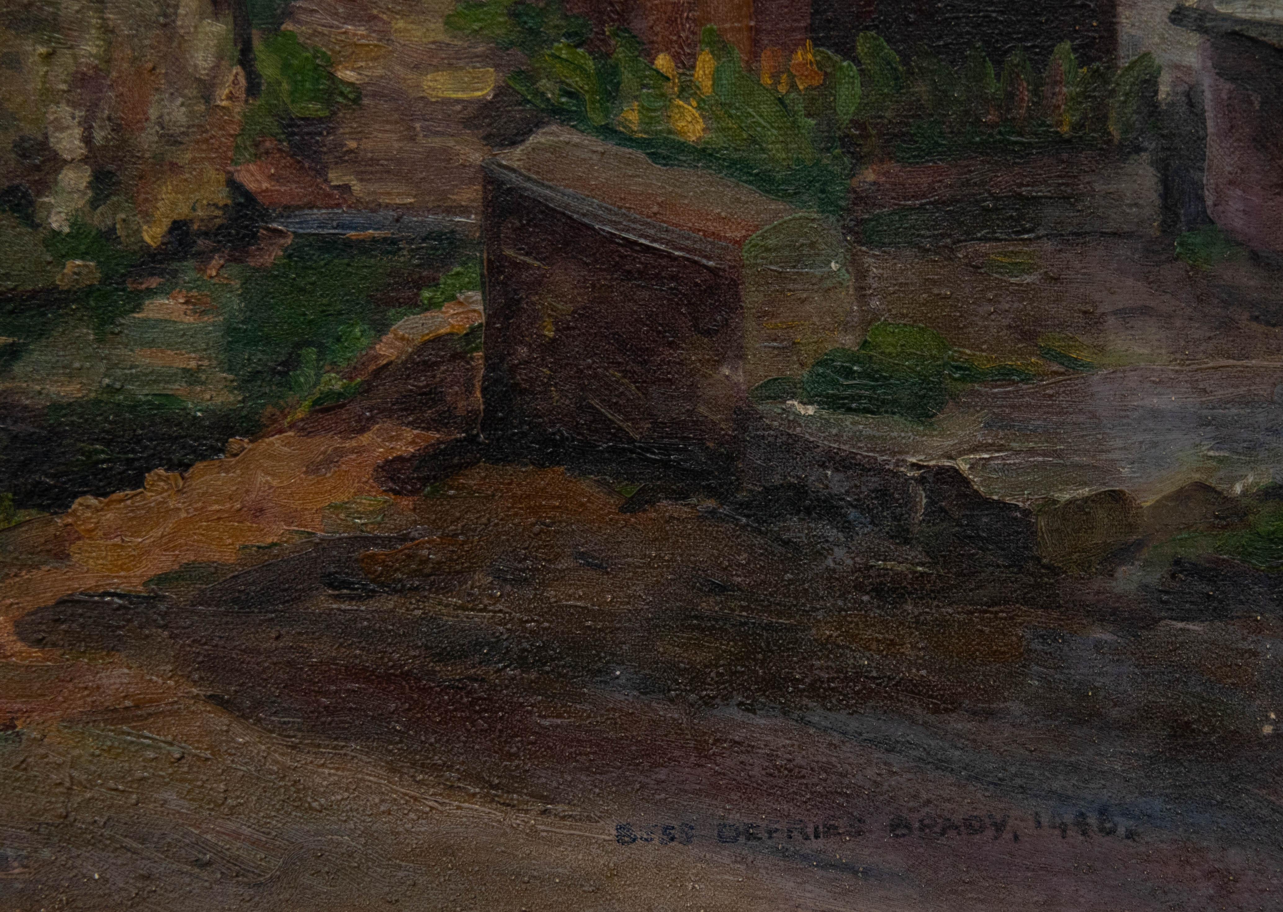 Bess Defries-Brady - Olio della metà del XX secolo, Abitazioni vicino a un ponte di pietra in vendita 1
