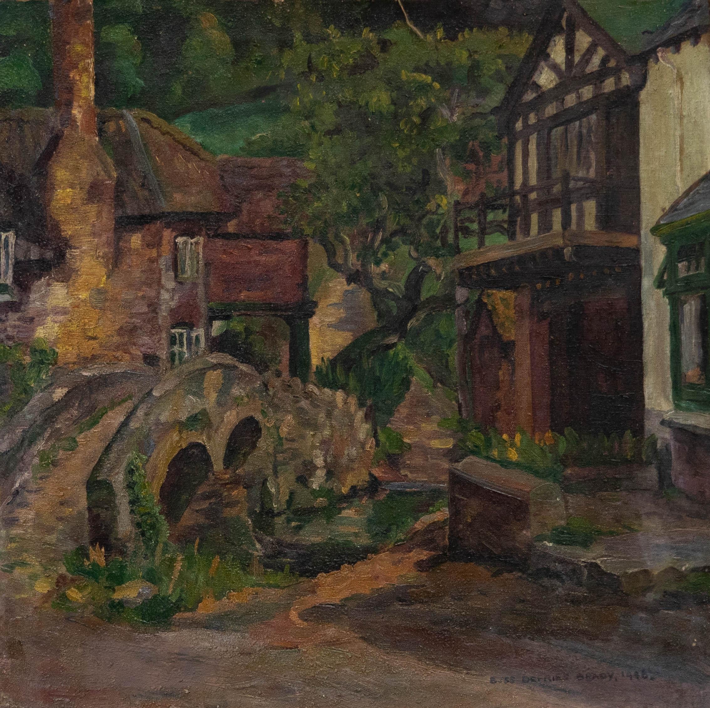Landscape Painting di Unknown - Bess Defries-Brady - Olio della metà del XX secolo, Abitazioni vicino a un ponte di pietra