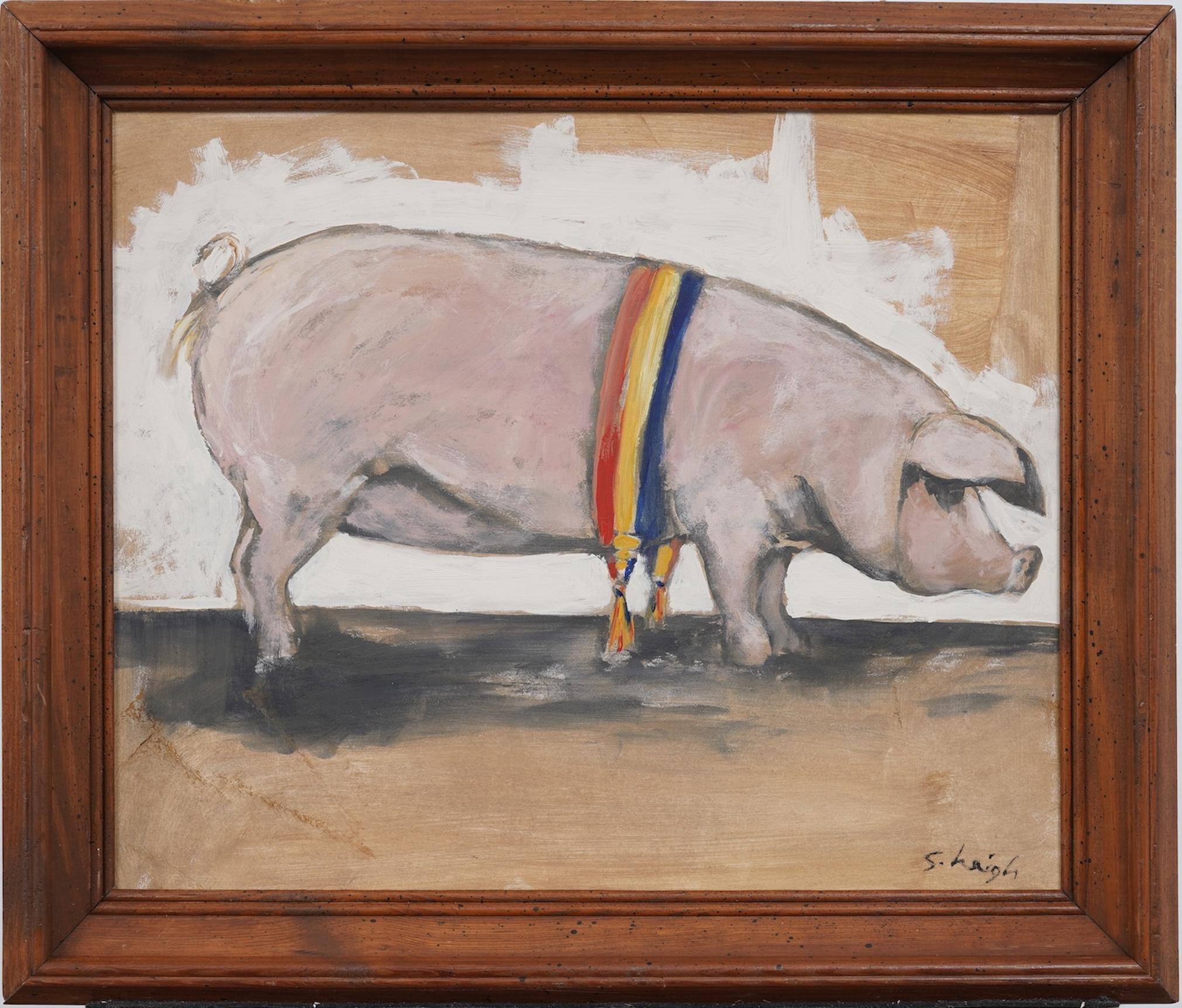 Unknown Animal Painting - "Best of Show" Vintage Signed American Modernist Pig Portrait Framed Painting