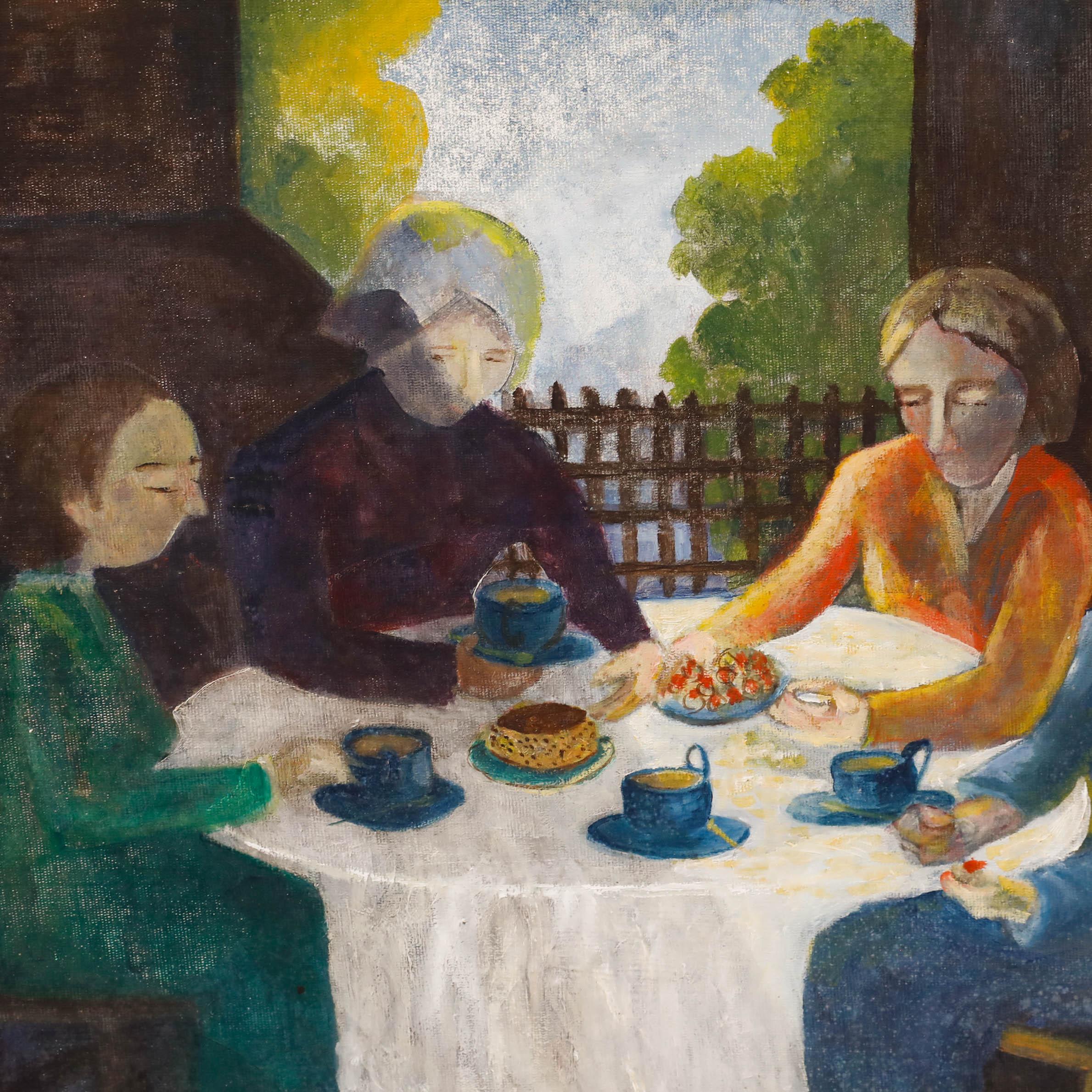 Betty Boydell - Framed 20th Century Oil, The Backyard Tea Party - Black Figurative Painting by Unknown