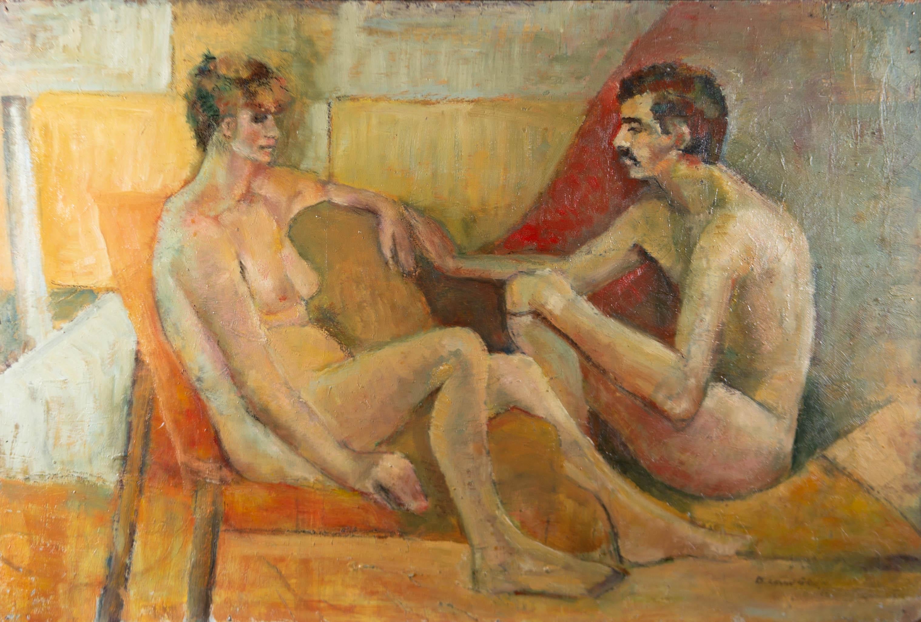Betty Leuw Green (1918-2014) - Signed 1986 Oil, Two Figures - Brown Nude Painting by Unknown