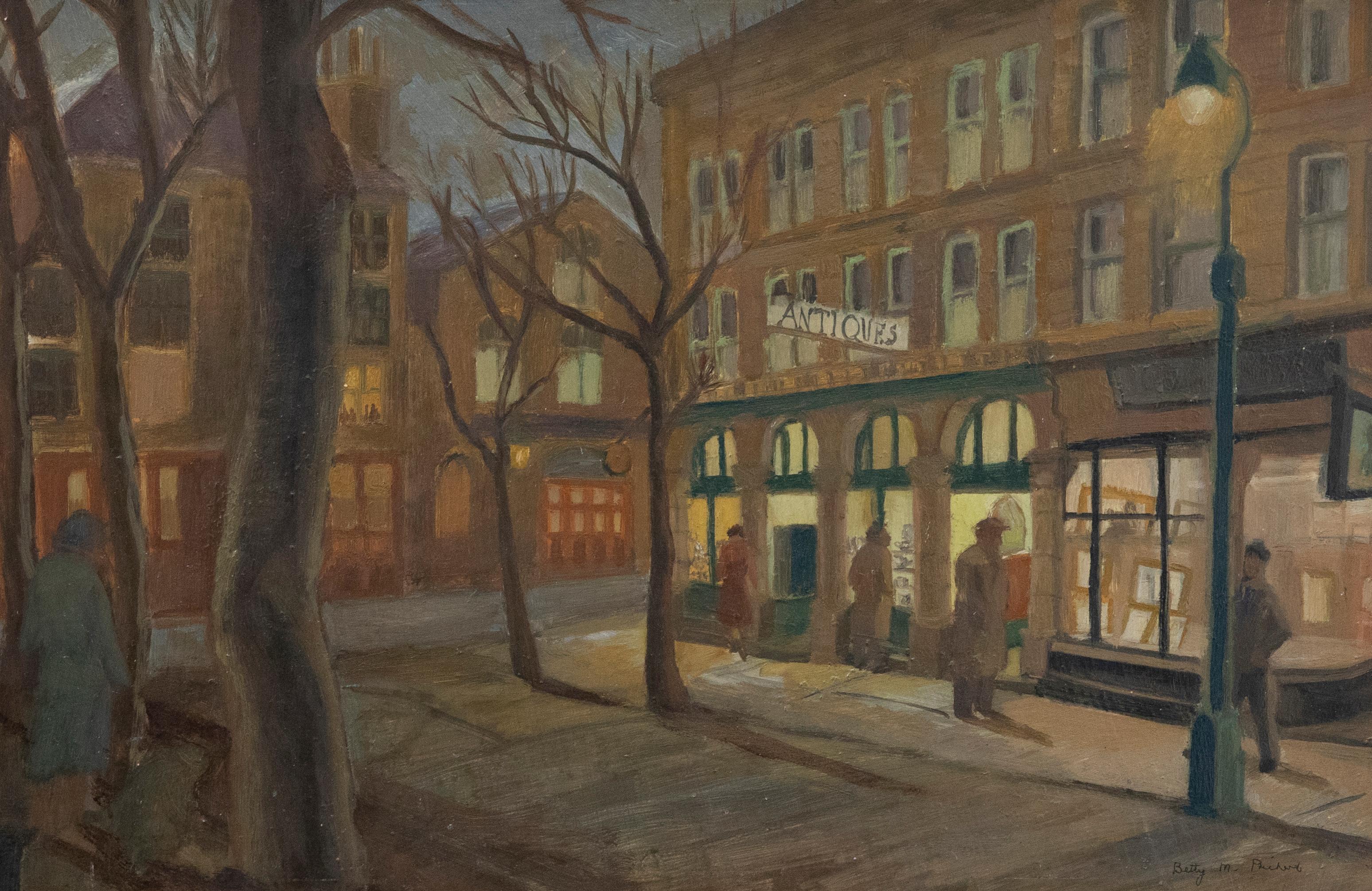 Betty M. Pritchard  - Mid 20th Century Oil, Outside the Antique Shop - Painting by Unknown