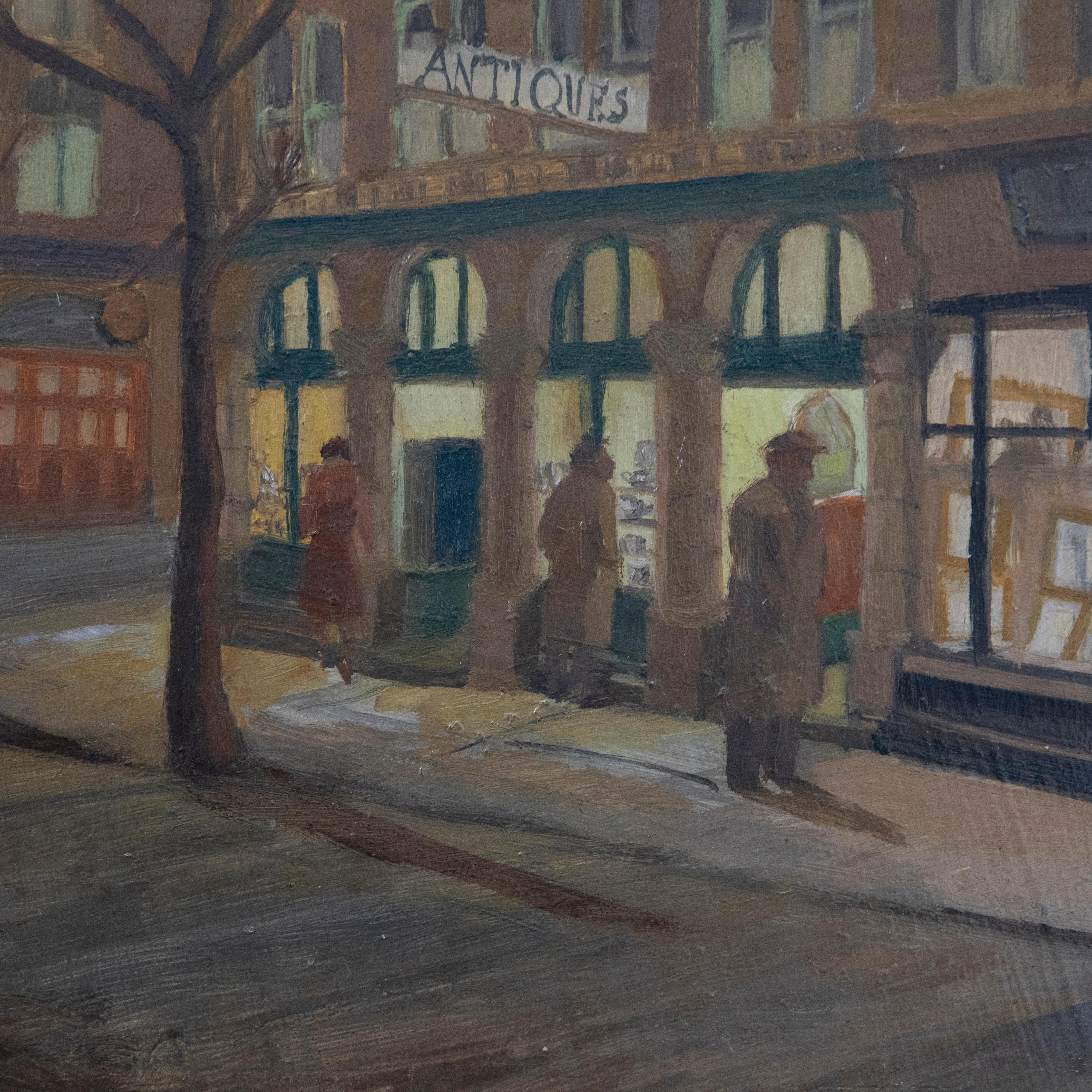 Betty M. Pritchard  - Mid 20th Century Oil, Outside the Antique Shop For Sale 1