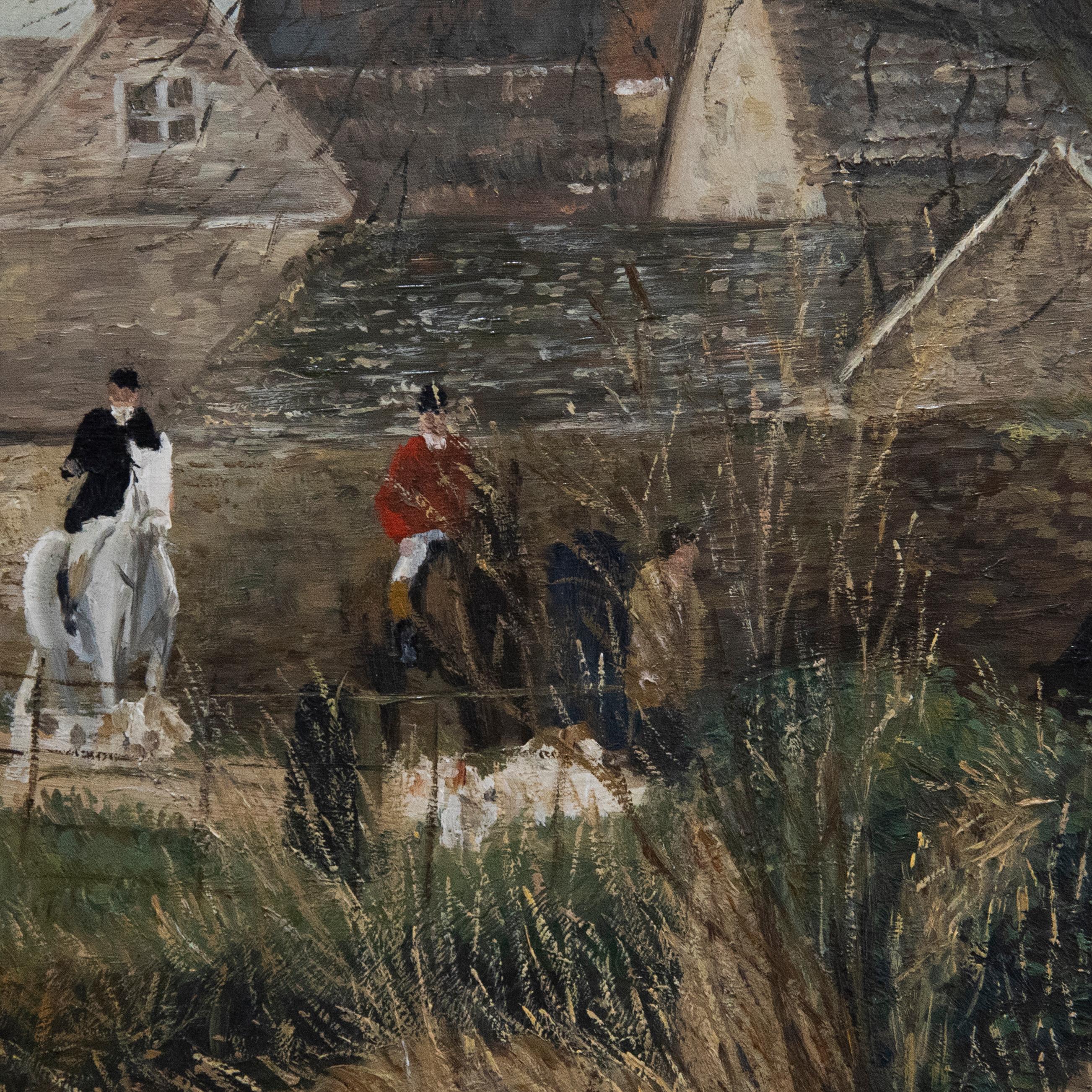 Un dipinto a olio originale di Betty Ryder, che raffigura alcuni membri della caccia mentre si recano al Dorset Meet. La composizione è stata firmata da Ryder in basso a destra. Ben presentato in una bella cornice con effetto dorato. A bordo. 