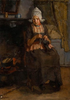 Biasini - Early 20th Century Oil, Dutch Woman Knitting