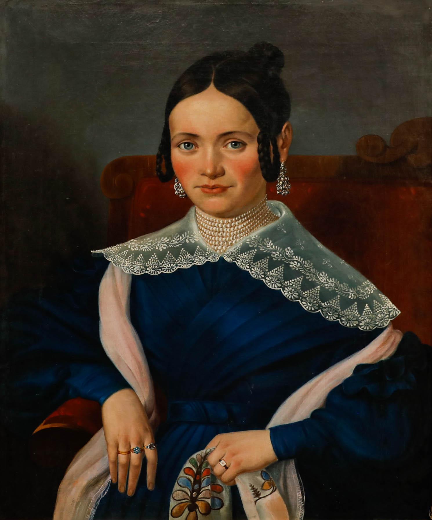 Periodo Biedermeier c.1830 Olio - Ritratto di signora con fazzoletto - Painting di Unknown