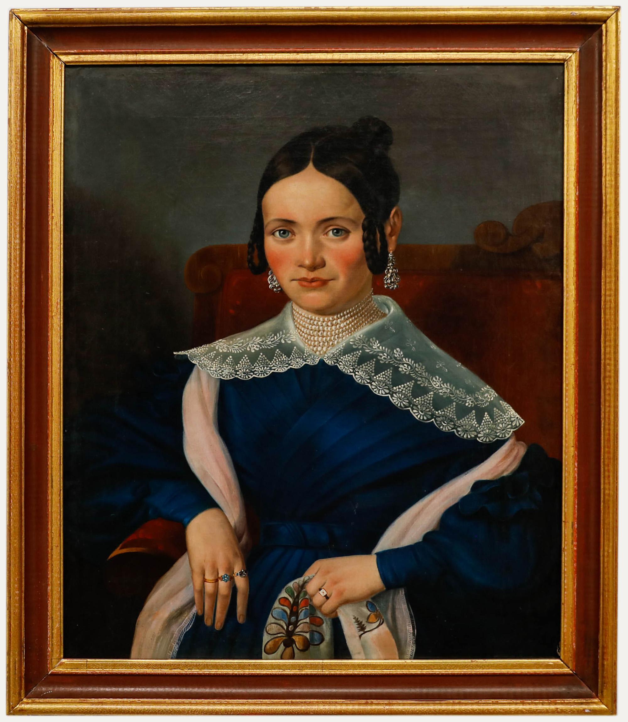 Portrait Painting di Unknown - Periodo Biedermeier c.1830 Olio - Ritratto di signora con fazzoletto