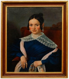 Periodo Biedermeier c.1830 Óleo - Retrato de dama con pañuelo