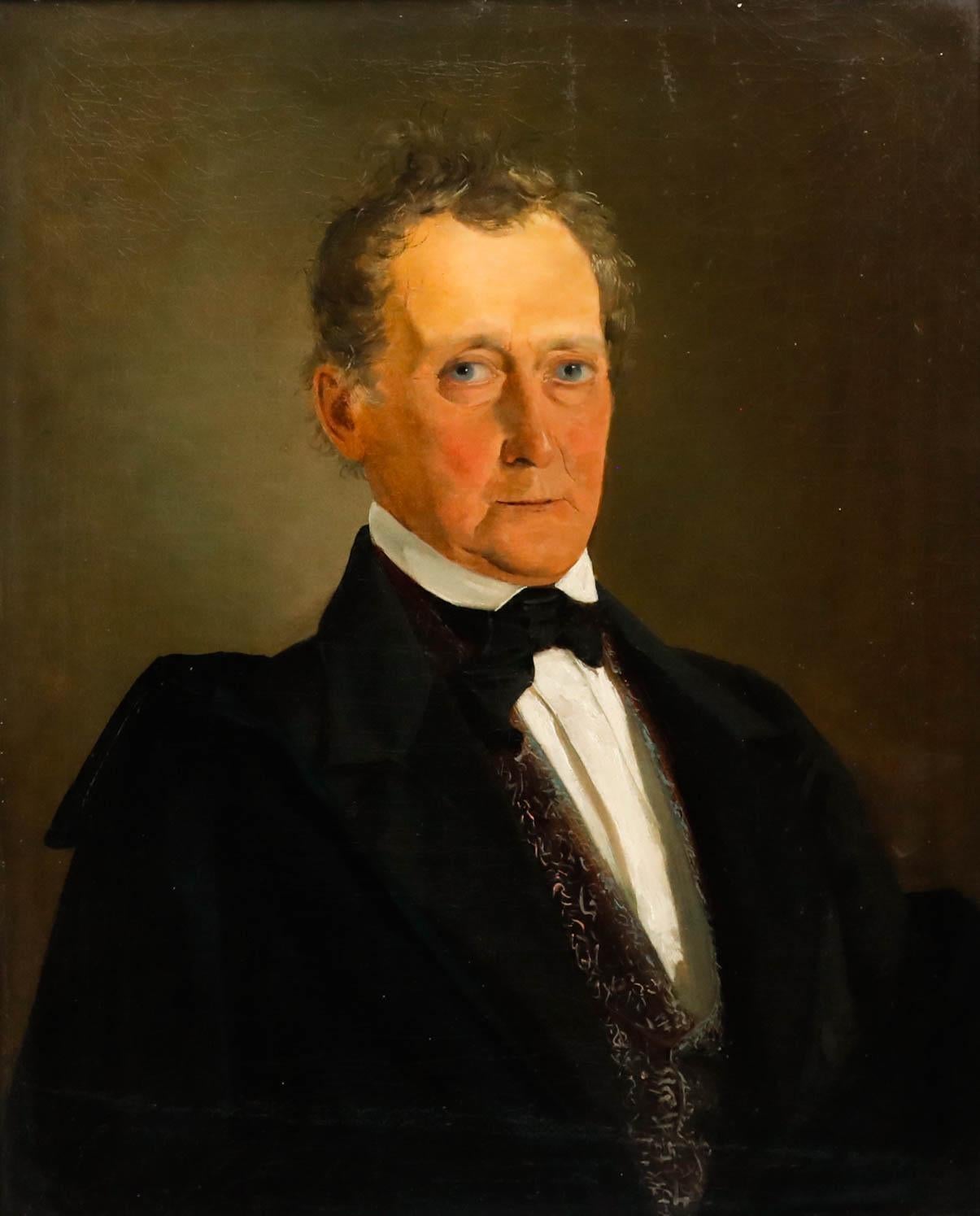 Biedermeier School 19th Century Oil - Gentleman in a Patterned Waistcoat - Painting by Unknown