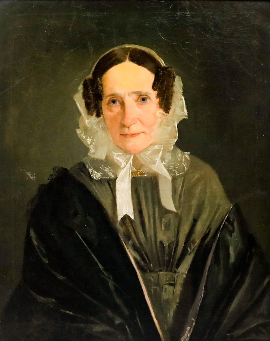 Biedermeier School 19th Century Oil - Lady in a Lace Bonnet - Painting by Unknown