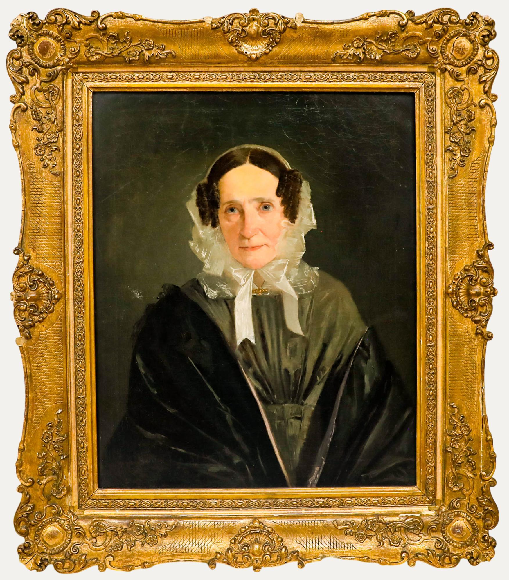 Unknown Portrait Painting - Biedermeier School 19th Century Oil - Lady in a Lace Bonnet