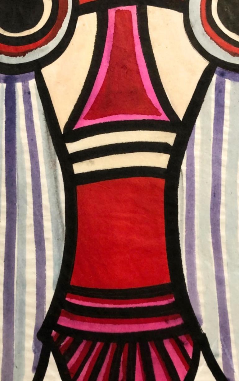 « Big Eyed Bug I » Peinture fantaisiste d'insectes à la gouache des années 1970 - Beige Animal Painting par Unknown