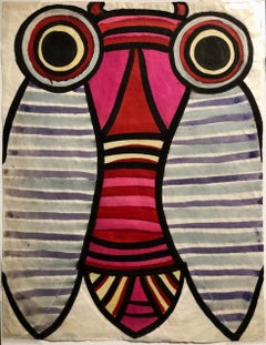 "Big Eyed Bug II" Whimsical 1970s Gouache Bug Painting