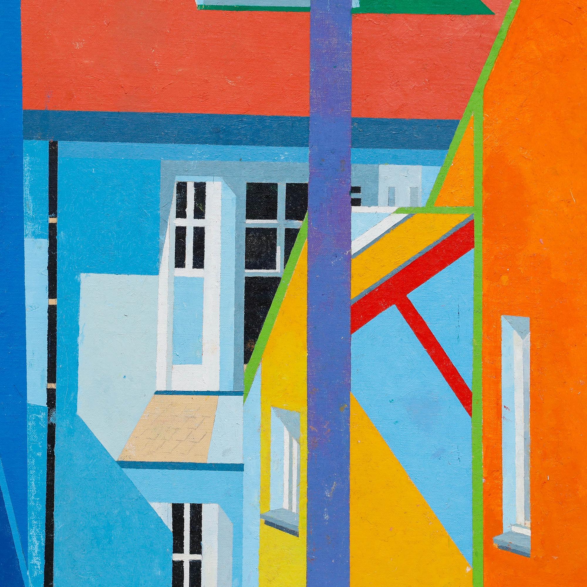 A vibrant abstract study of a house captured in a bold palette. Signed and labelled verso. Presented in a white tray frame. On canvas.