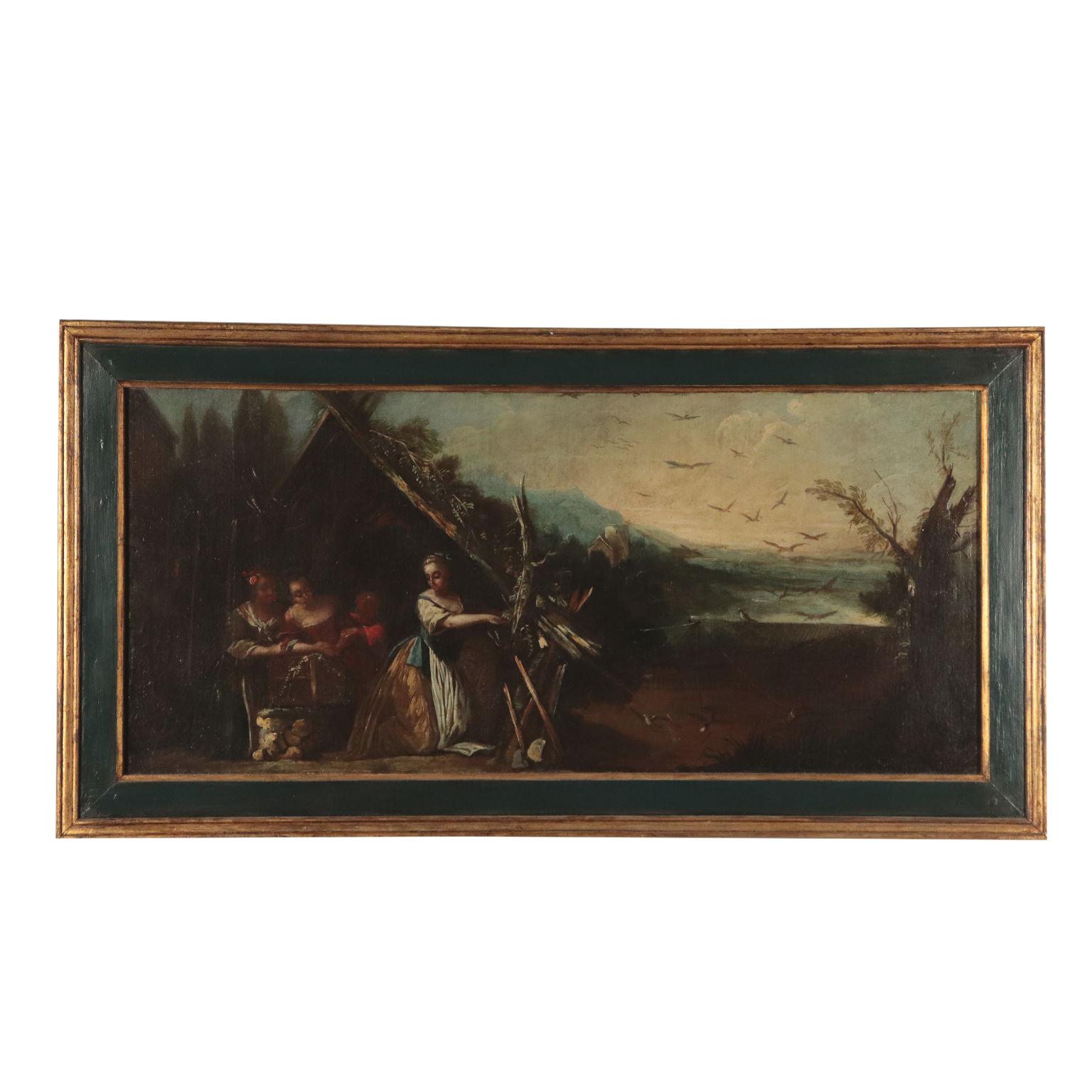 Unknown Landscape Painting - Bird Hunting with Nets. Landscape with Female Figures Oil on Canvas