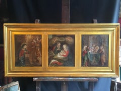 Birth of Christ, Religious Triptych Antique Oil Painting