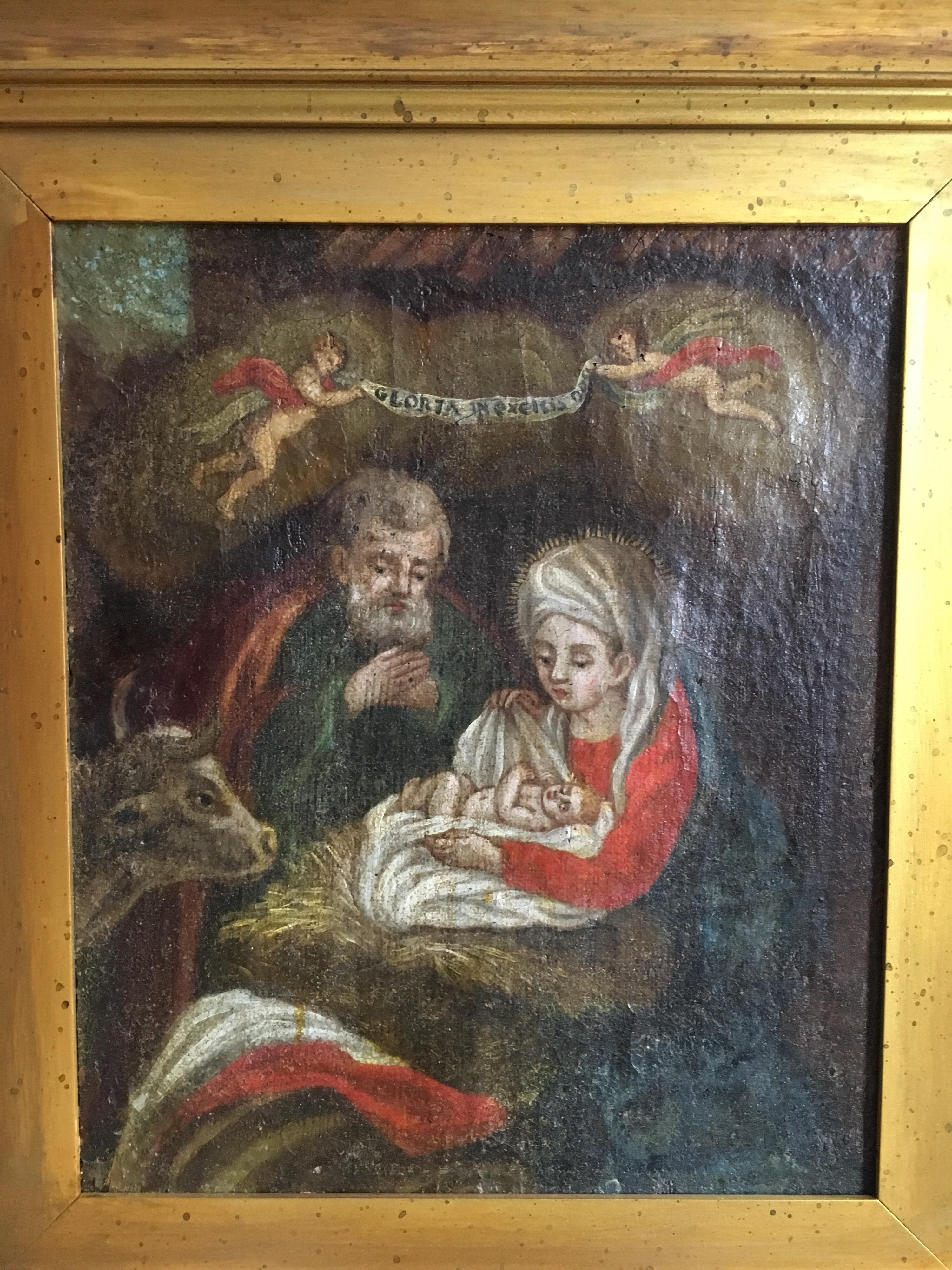 Birth of Christ, Religious Triptych Antique Oil Painting
Italian School, circa 1720's
set of three oil paintings on canvas, framed as one
total framed size: 20.5 x 44 inches

Captivating religious triptych oil painting, dating to the early 1700's