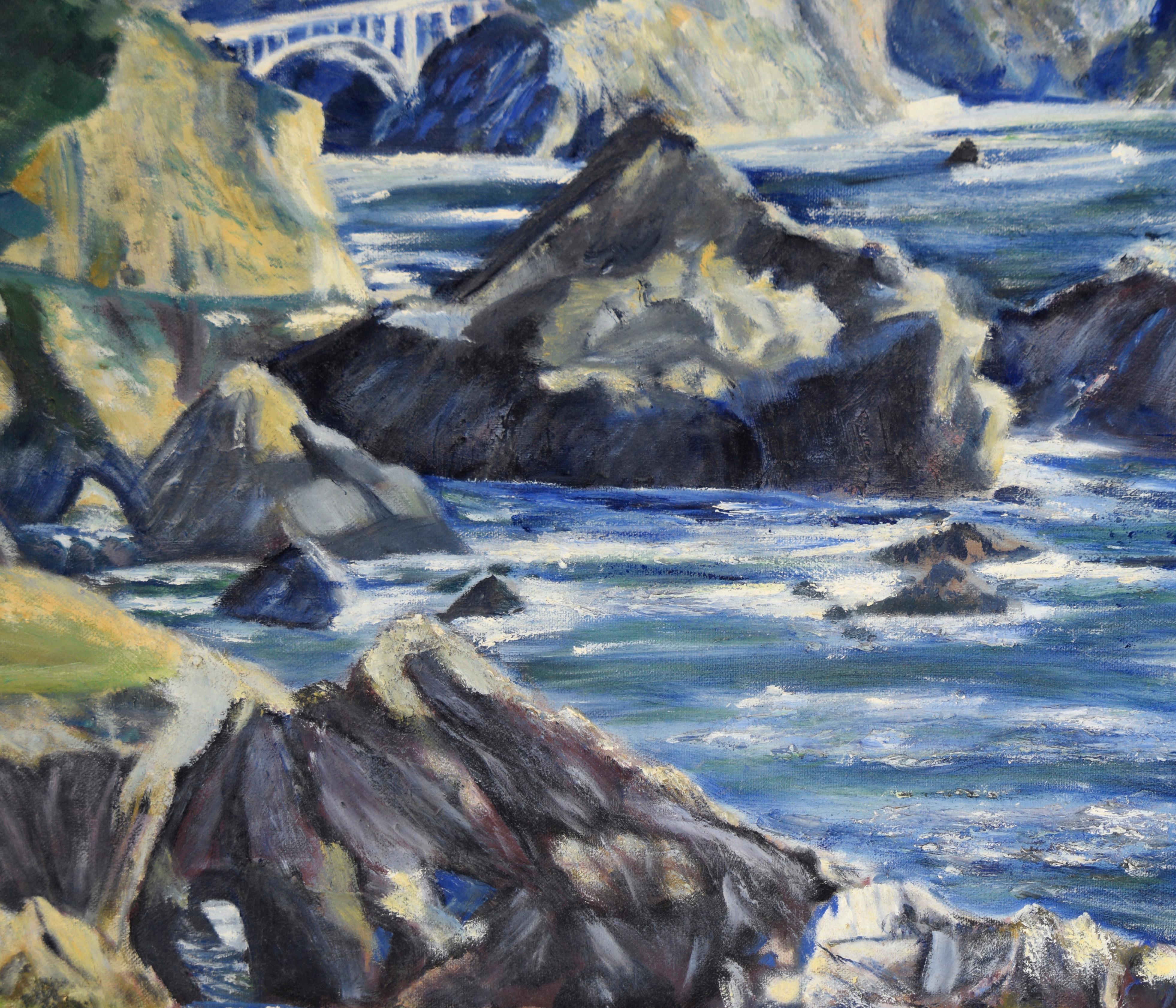 Puente Bixby, Big Sur - Paisaje de California en óleo sobre lienzo

Vibrante paisaje de Big Sur, California, por un artista desconocido (estadounidense, siglo XX). El observador mira hacia la costa de California, orientado hacia el Sur. Hay