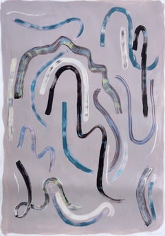 "Black and Blue Floats on Grey", Mixed Media on Paper, Elegant Tones 100x70cm   