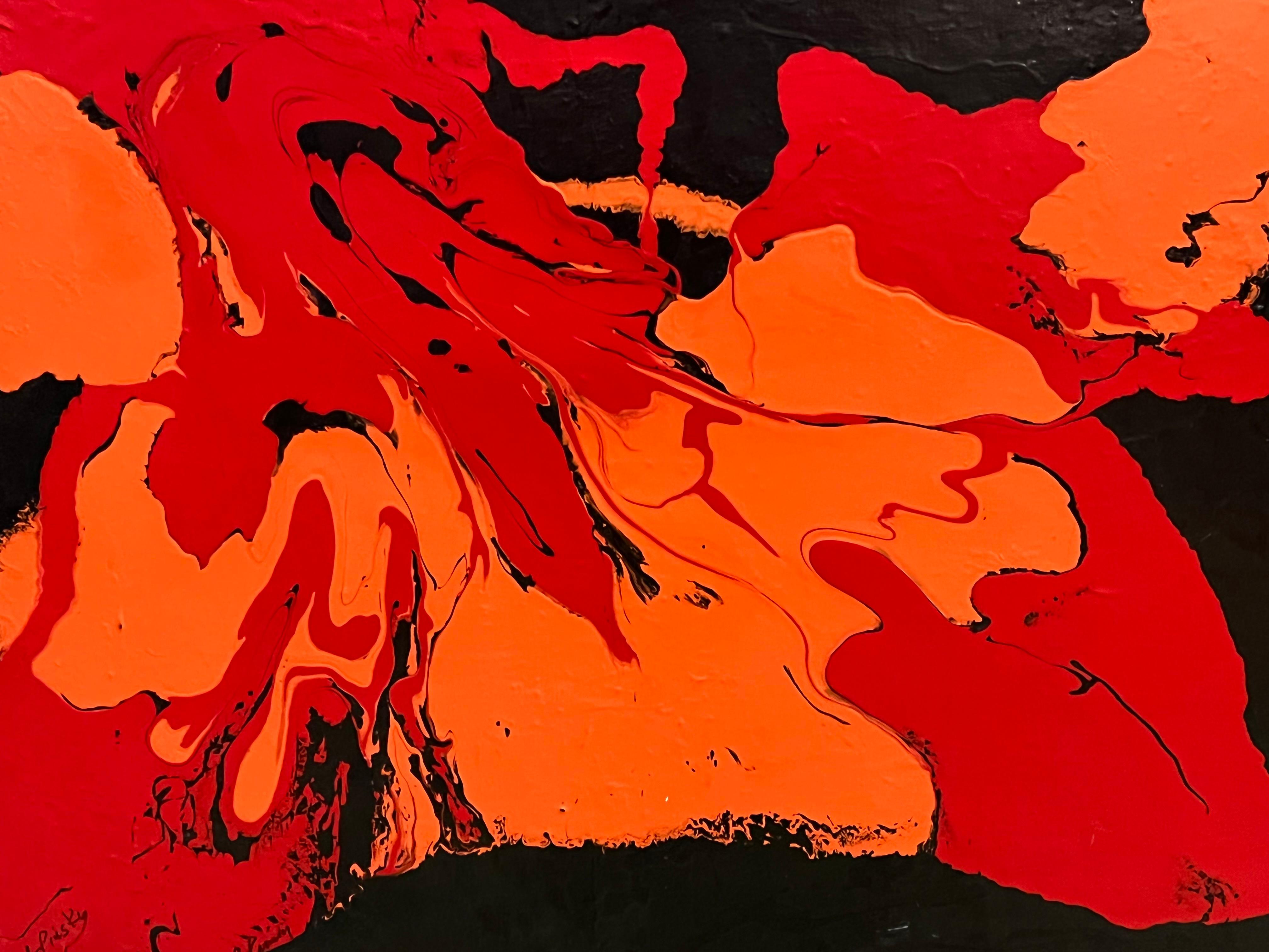 Black and Red Oil Abstract on Canvas by Carol Pinsky - Painting by Unknown