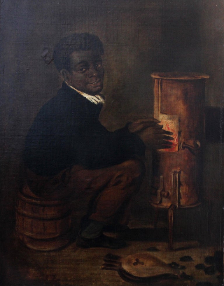 Black Boy Warming Himself by Stove - American School 19thC portrait oil painting For Sale 6