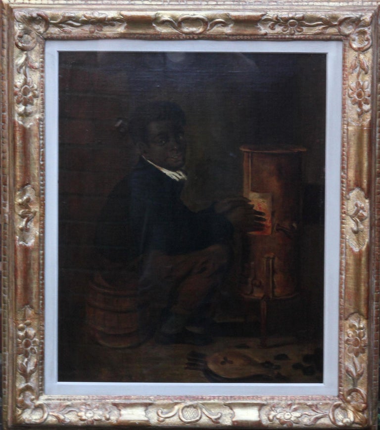 Black Boy Warming Himself by Stove - American School 19thC portrait oil painting For Sale 7