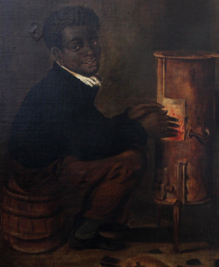 Black Boy Warming Himself by Stove - American School 19thC portrait oil painting - Realist Painting by Unknown