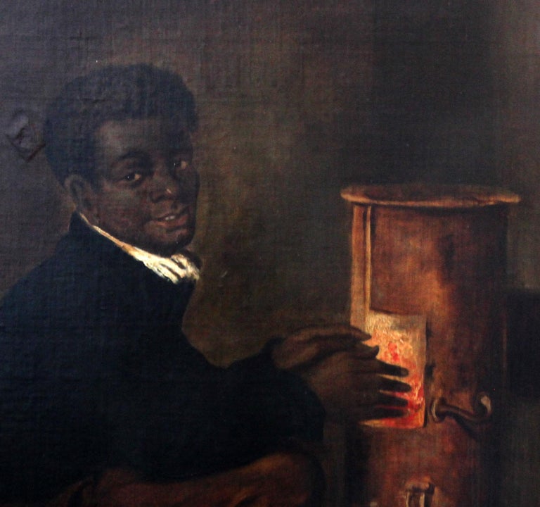 Black Boy Warming Himself by Stove - American School 19thC portrait oil painting For Sale 1