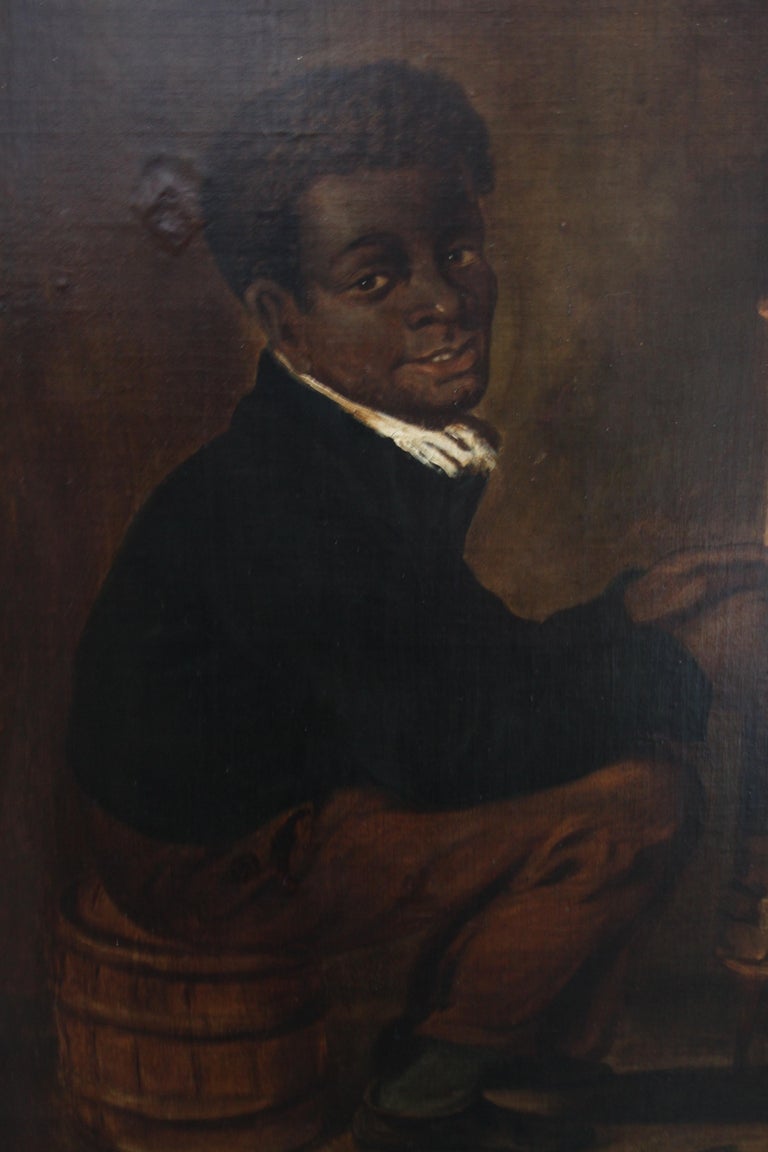 Black Boy Warming Himself by Stove - American School 19thC portrait oil painting For Sale 2