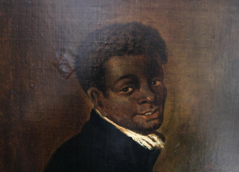 Black Boy Warming Himself by Stove - American School 19thC portrait oil painting For Sale 3