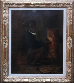 Antique Black Boy Warming Himself by Stove - American School 19thC portrait oil painting