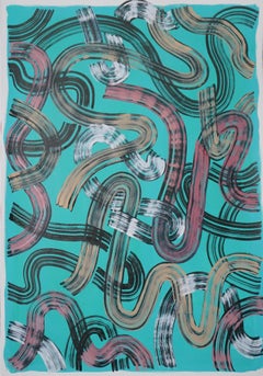 Pinceladas Negras Gestos sobre Cal Verde, Pintura Abstracta sobre Papel, Paleta
