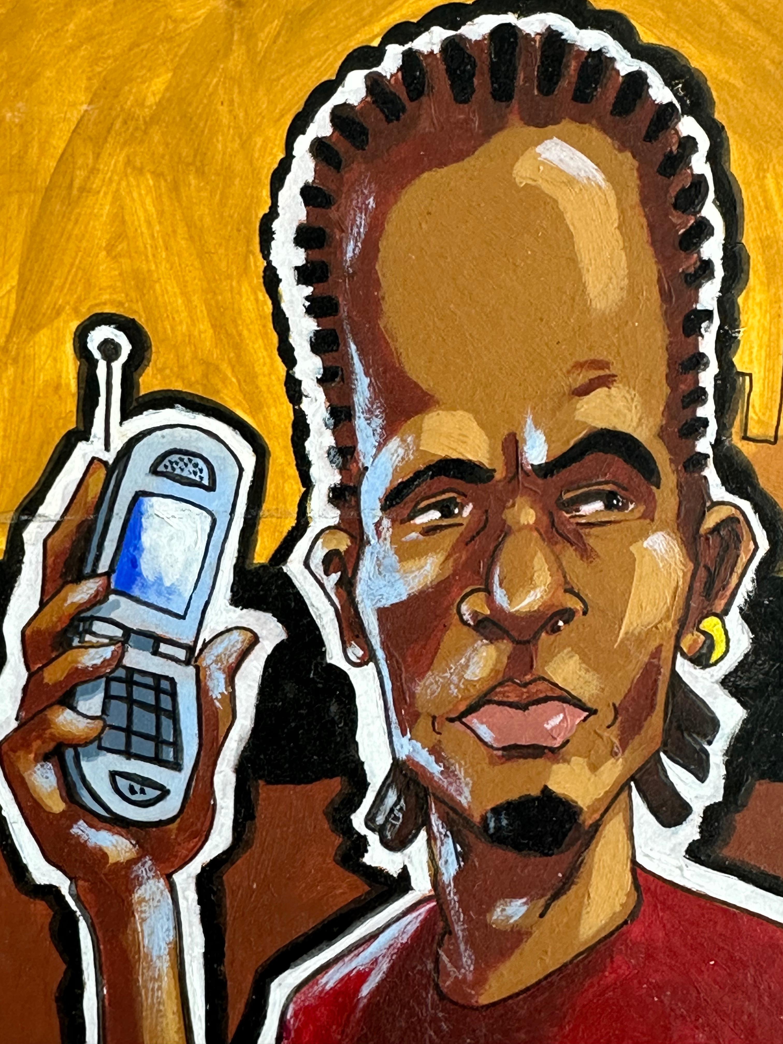 Beautiful painting depicts a young black man holding skull and flip phone. Gouache on illustration board, image measuring 8 x 10 inches; 16 x 20 inches framed. Signed lower left. 
