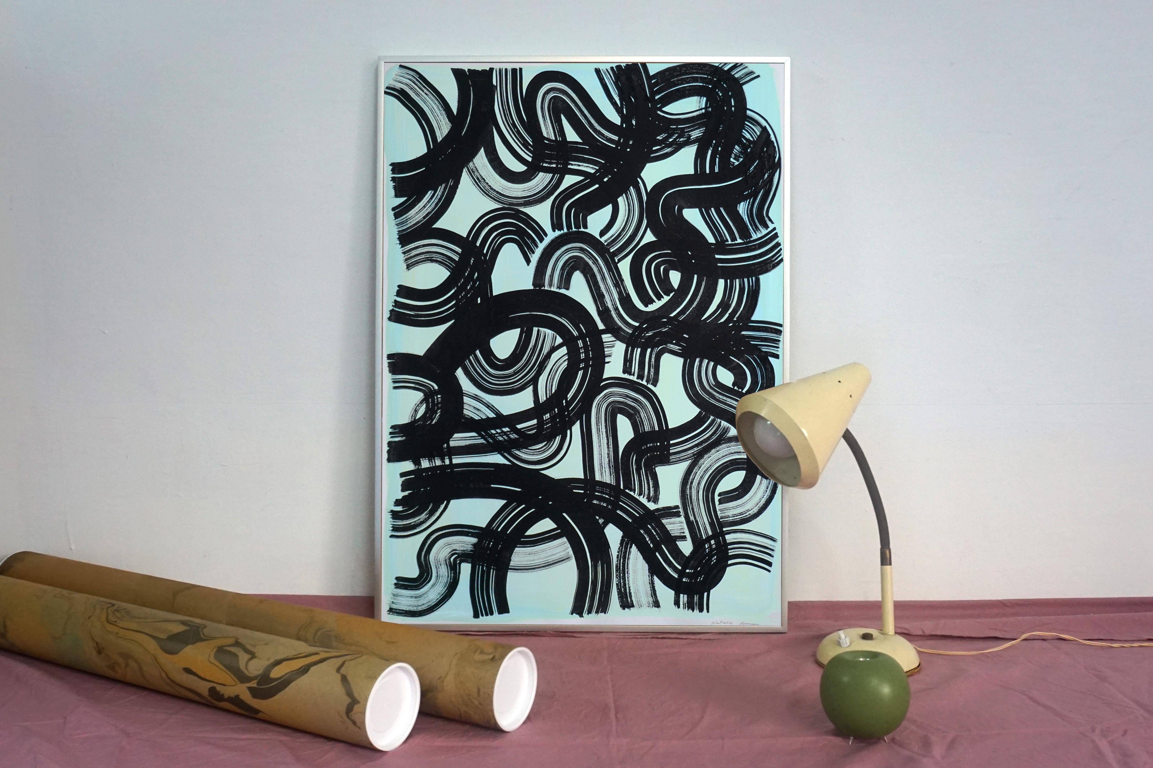 Black Line Work on Pistachio Green, Abstract Brushstrokes Painting on Paper 2