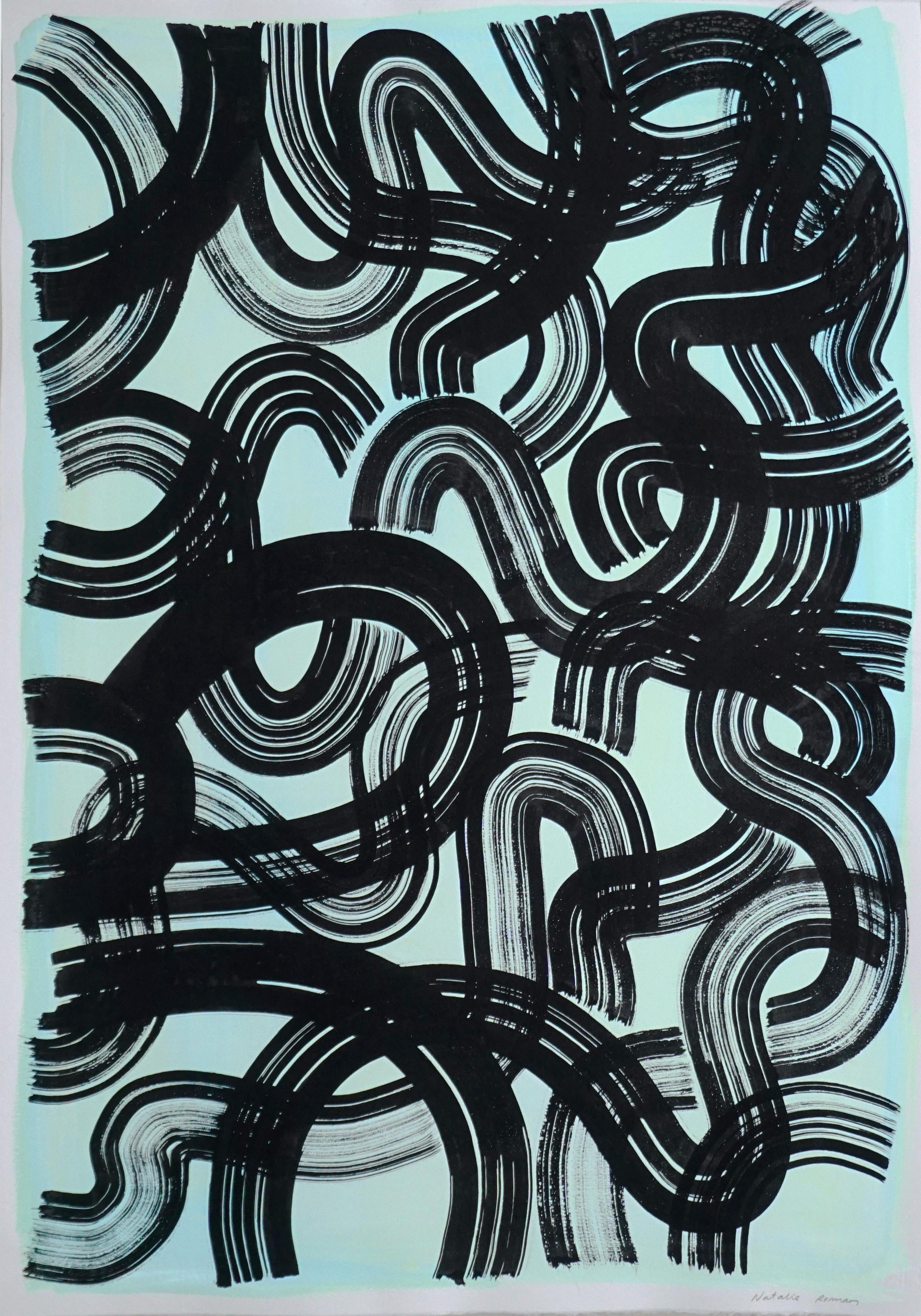 Unknown Abstract Painting - Black Line Work on Pistachio Green, Abstract Brushstrokes Painting on Paper