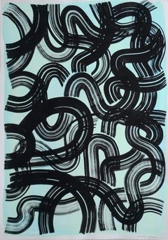 Black Line Work on Pistachio Green, Abstract Brushstrokes Painting on Paper