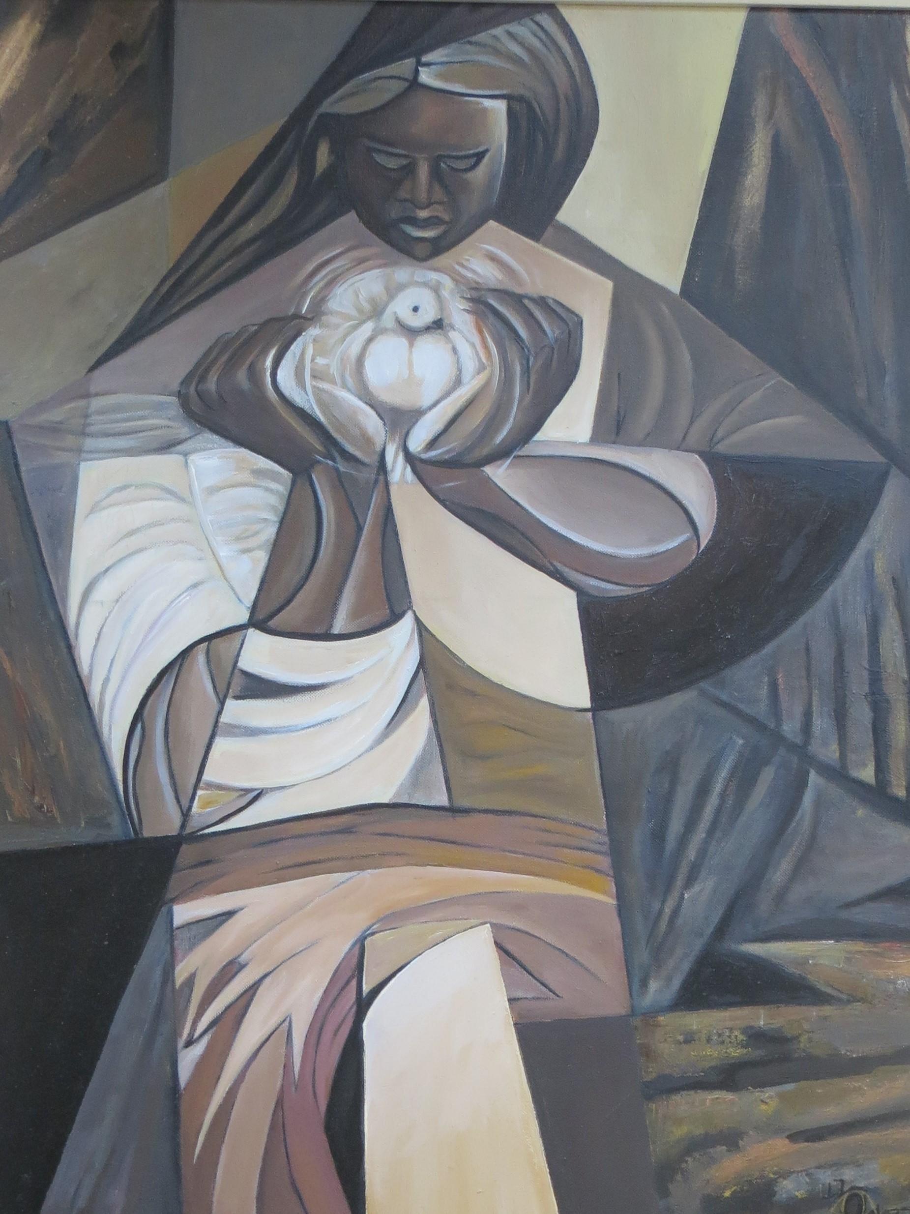 Une belle huile sur toile représentant une Vierge noire avec un pigeon, symbole de pureté.
Dans un style cubiste, cette nature morte est riche en couleurs sombres avec une large touche moderniste.

La peinture est signée (illisible) et datée de