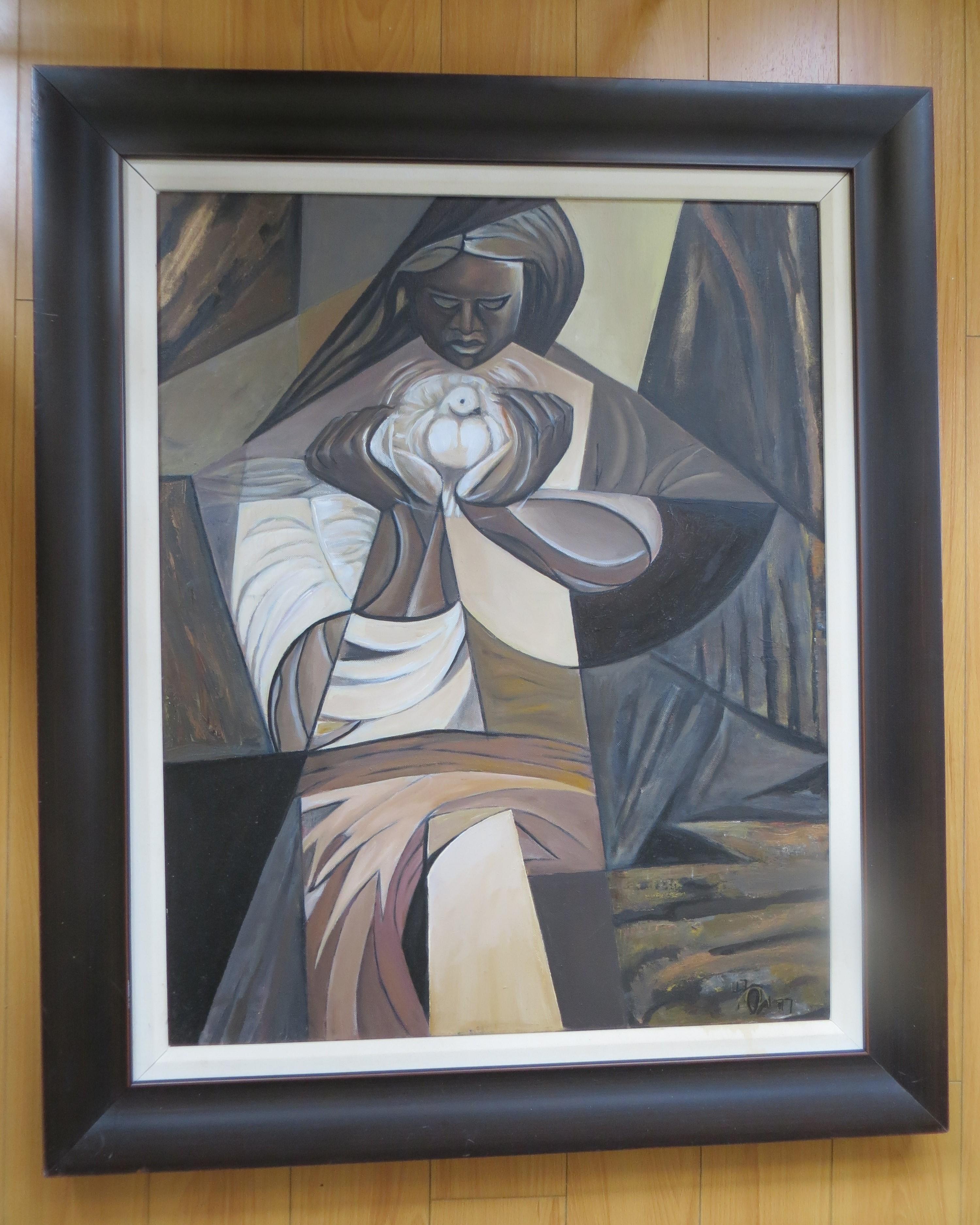 Figurative Painting Unknown - Madonna noire avec un pigeon, peinture à l'huile sur toile, signée, 1977