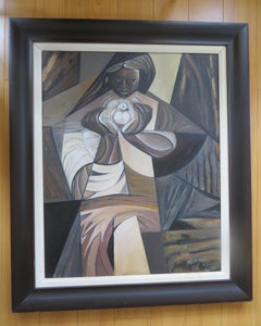 Vintage Black Madonna with a Pigeon, Oil On Canvas Painting, Signed, 1977