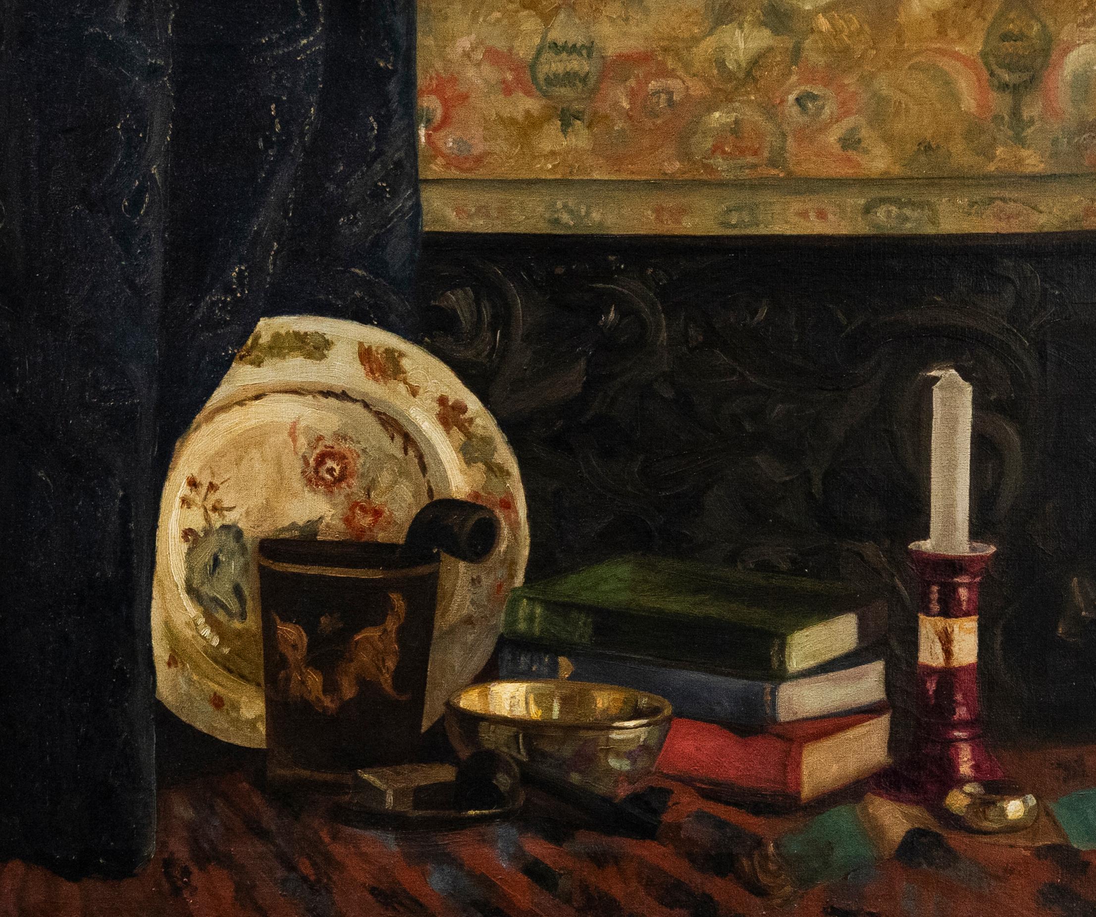 Olio della Scuola di Bloomsbury dei primi del Novecento - Natura morta con libri e candeliere - Painting di Unknown