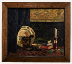 Bloomsbury School Early 20th Century Oil - Still Life with Books & Candlestick