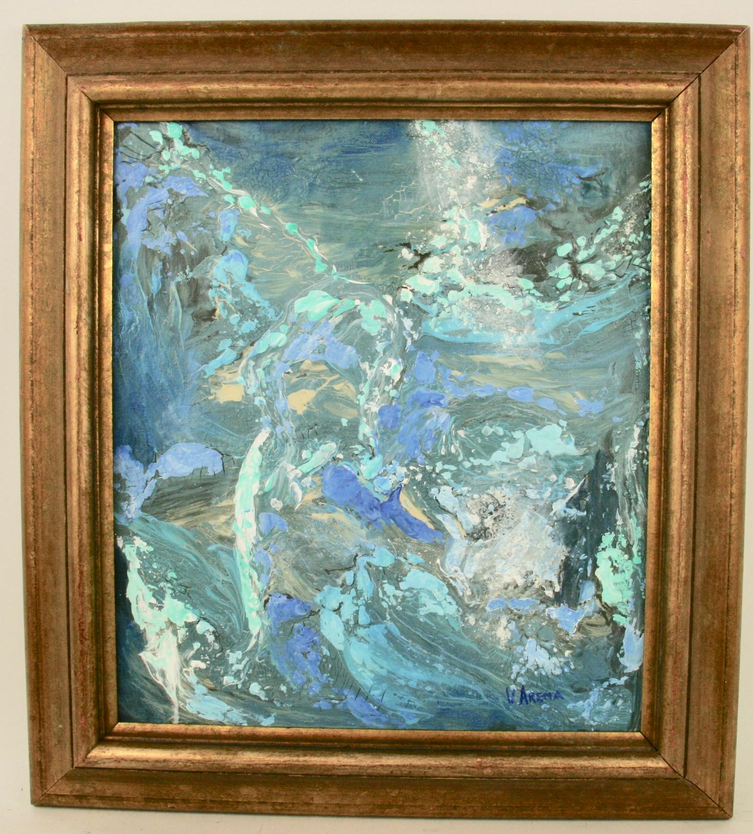 Blue abstract painting ,acrylic impasto on canvas applied to board,displayed in a gilt wood frame,signed by A.Arena1870