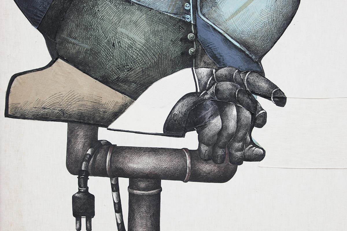 Blue and gray-toned mixed media painting depicting an abstracted figure with hands on a pipe formed by cut-out pieces of stitched linen. The textile is in blue, cream, and gray, drawn over with some crosshatching shading technique. Text reads 