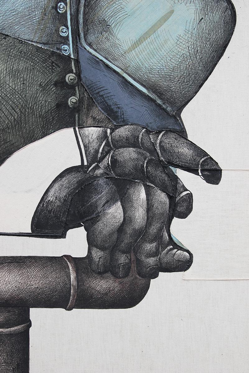 Quadro astratto figurativo in media mista Stitch by Stitch in lino, dai toni blu e grigio - Painting Astratto di Unknown