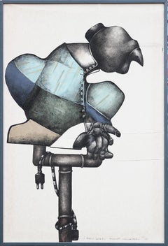 Blaues und grau getöntes abstraktes, figuratives Leinengemälde in Mischtechnik mit Stickerei