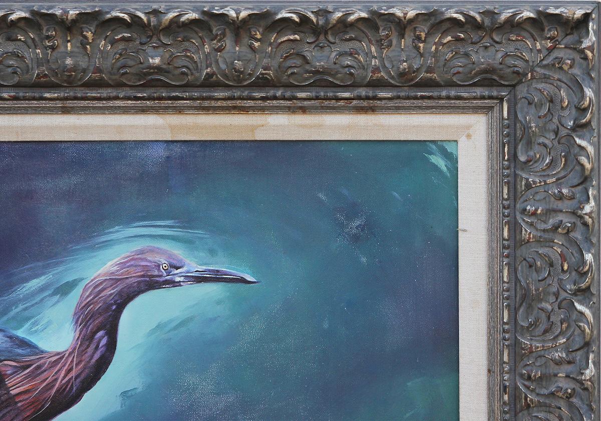 Blue and purple toned realistic bird painting. Abstracted painting depicting a blue, pink, and purple egret with a light blue aura and against a deep blue background. Framed in an antique frame.

Dimensions Without Frame: H 17.63 in. x W 23.50 in.